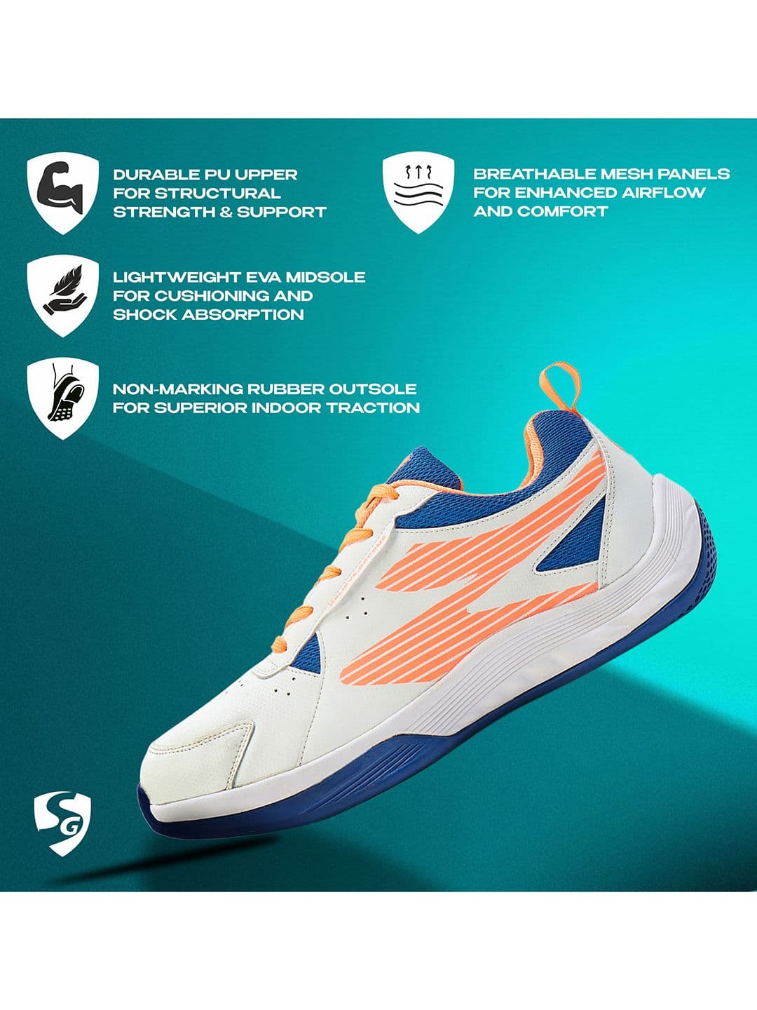 SG Ease White-Orange All-court shoes best for Badminton Pickleball & Tennis Shoes thumbnail 3
