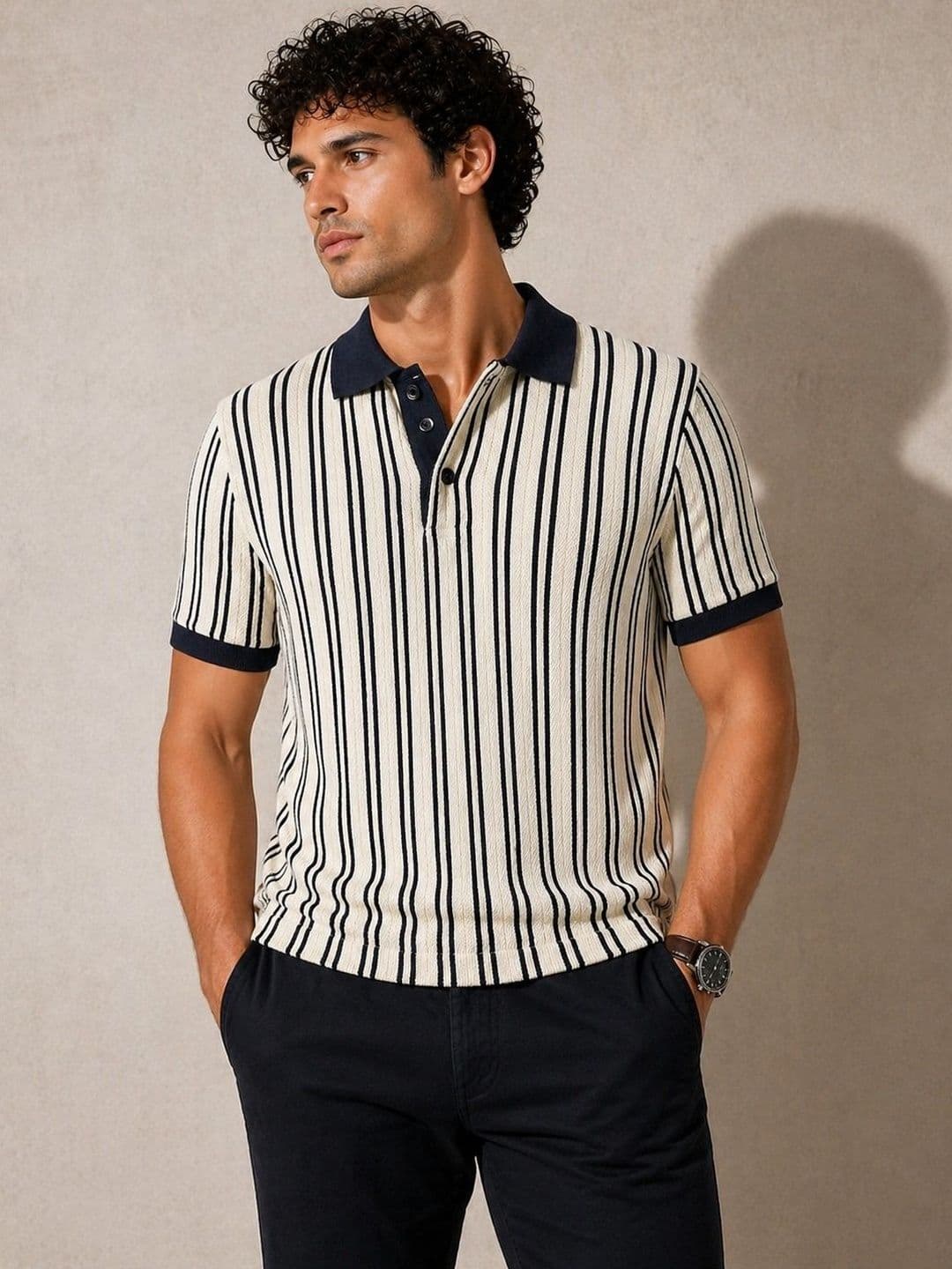 Raves Men Striped Polo Collar Bio Finish T-shirt thumbnail 2