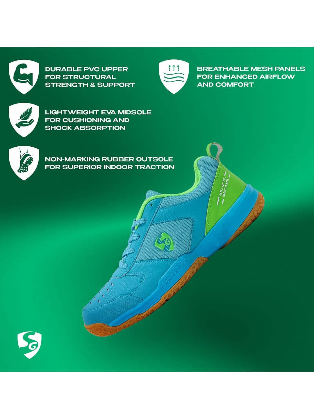SG Court Pro Shoes Aqua-Lime Green best for Badminton, Pickleball & Tennis Shoes thumbnail 6