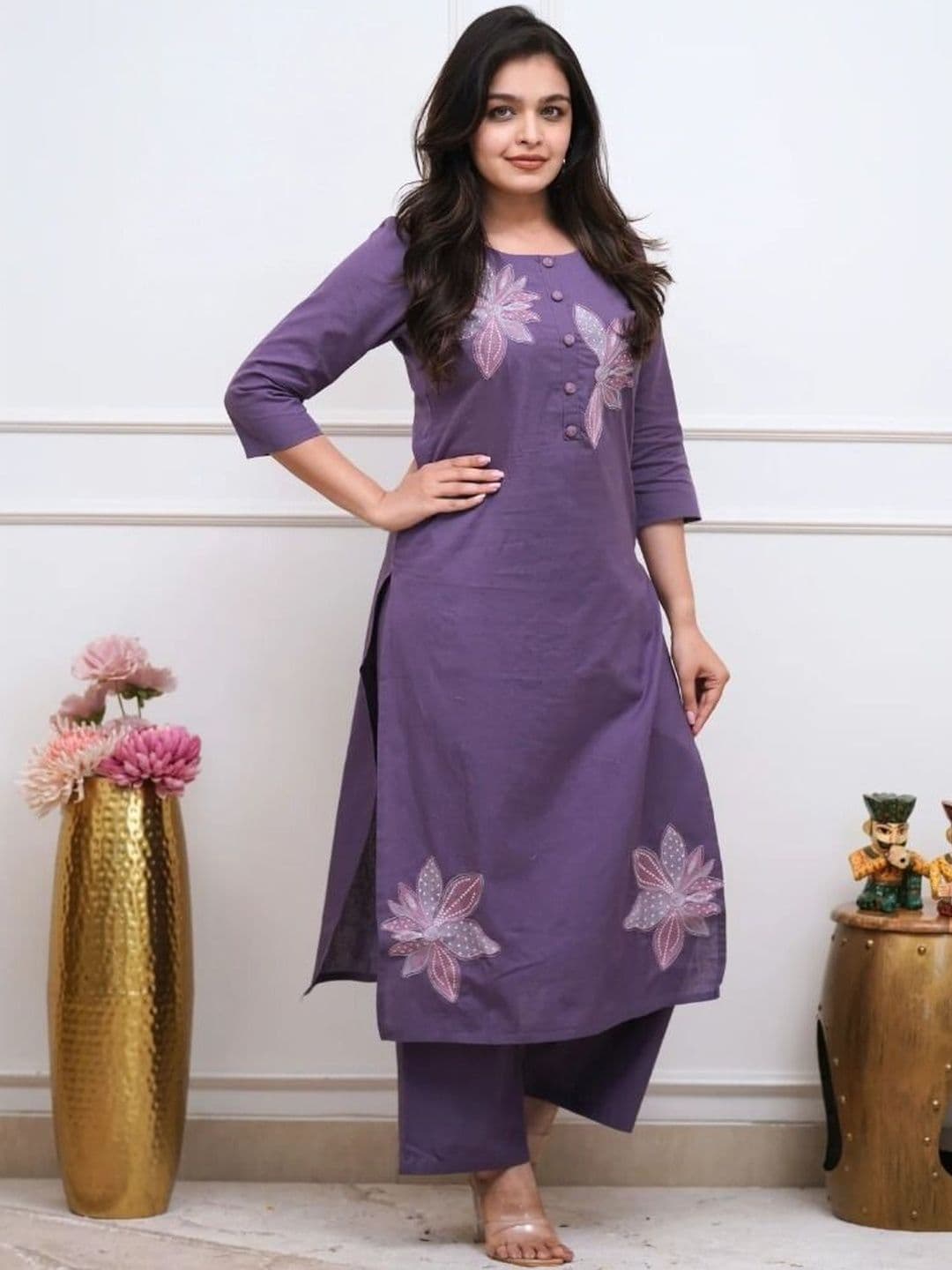 VIVANA Women Floral Embroidered Regular Thread Work Pure Cotton Kurta with Trousers thumbnail 4