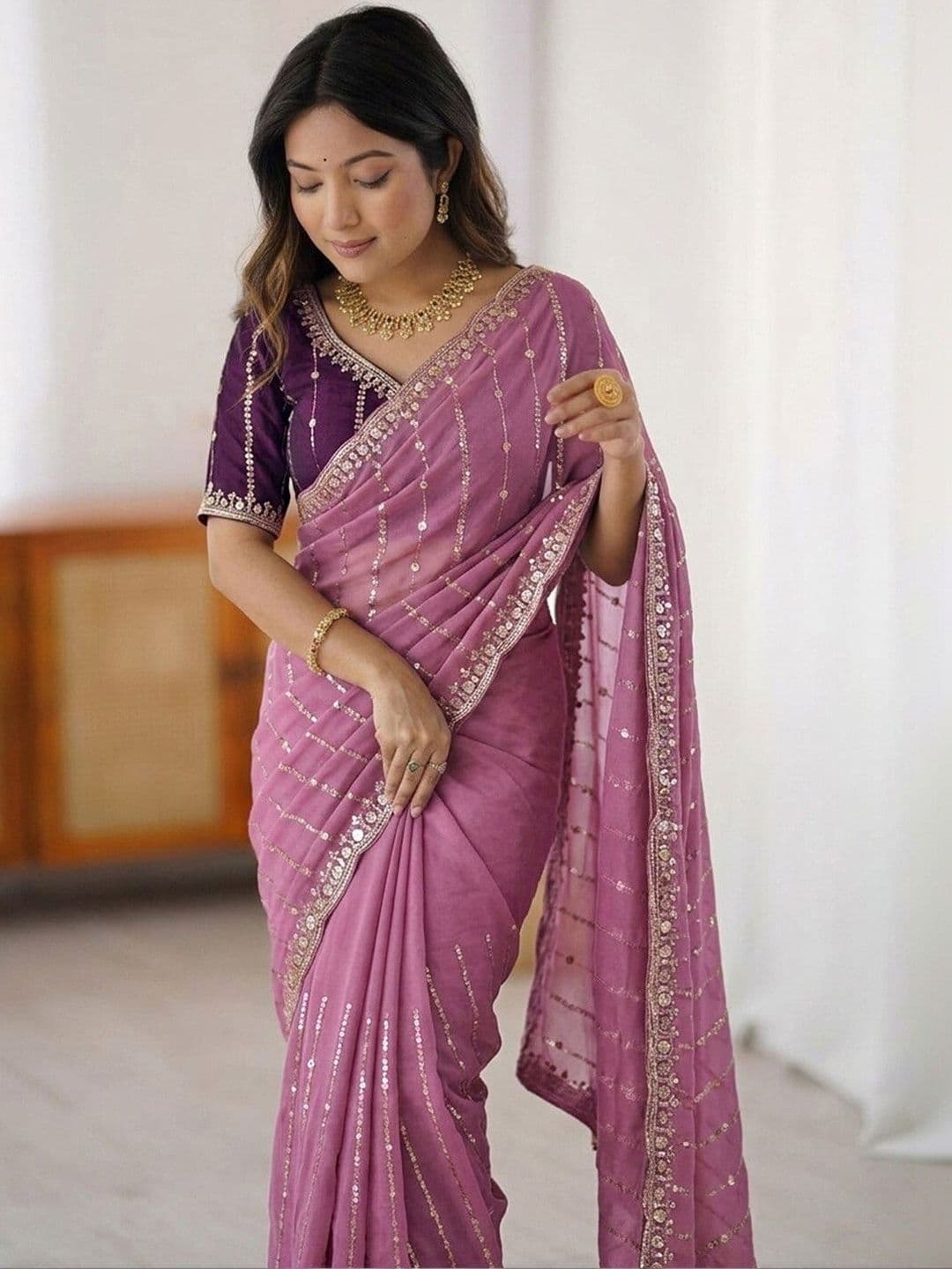 Satrani Embellished Sequinned Saree With Designer Blouse thumbnail 5