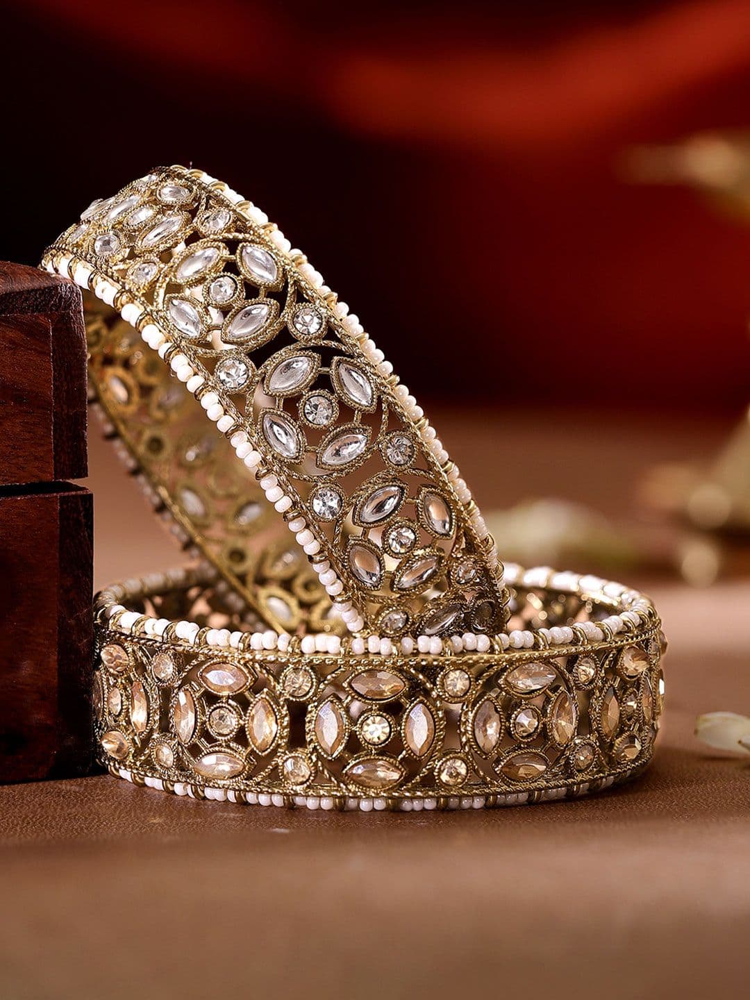 Rubans Set of 2 22K Gold Plated Kundan & CZ Studded & Pearl Beaded Handcrafted Bangles - view 1