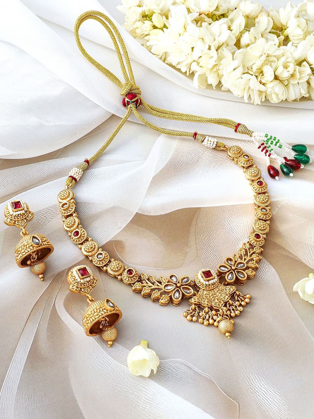 Rubans 24K Gold-Plated Ruby & Kundan Studded Floral Design Necklace Set with Jhumkas thumbnail 3