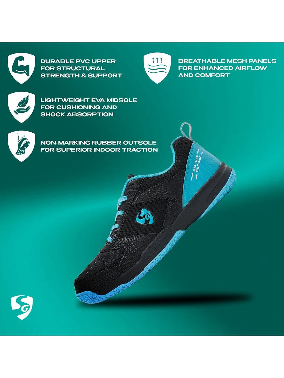SG Court Pro Shoes Black-Cyan best for Badminton, Pickleball & Tennis Shoes thumbnail 6
