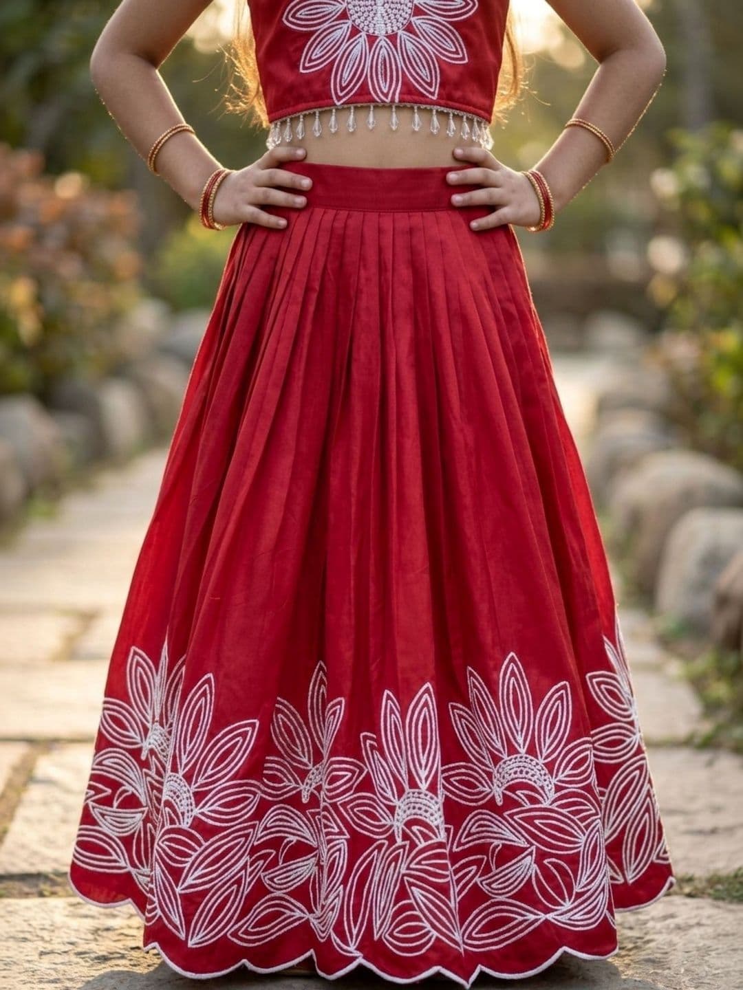 KALINI Girls Embroidered Thread Work Semi-Stitched Lehenga & Blouse With Dupatta thumbnail 2