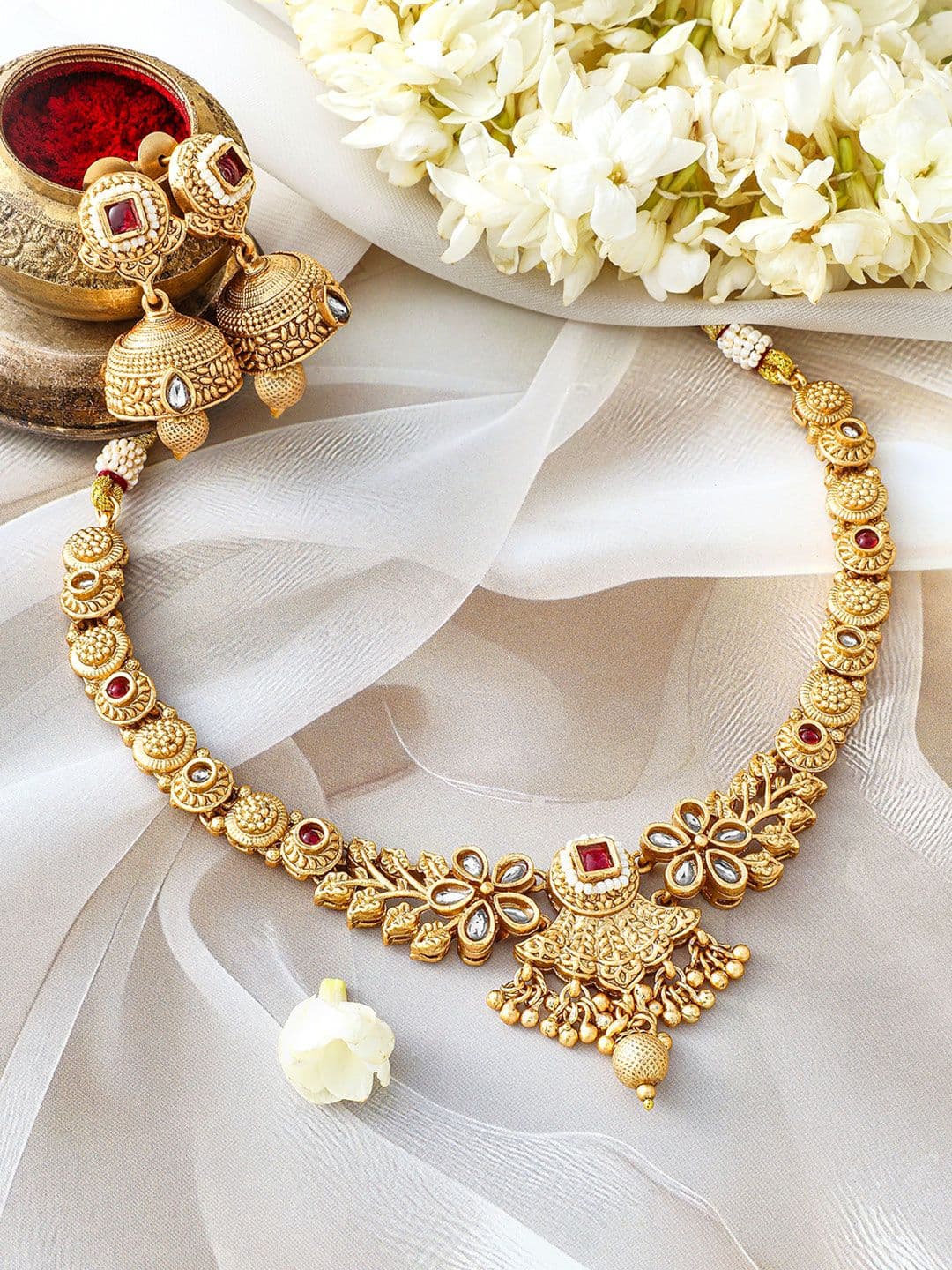 Rubans 24K Gold-Plated Ruby & Kundan Studded Floral Design Necklace Set with Jhumkas - view 1