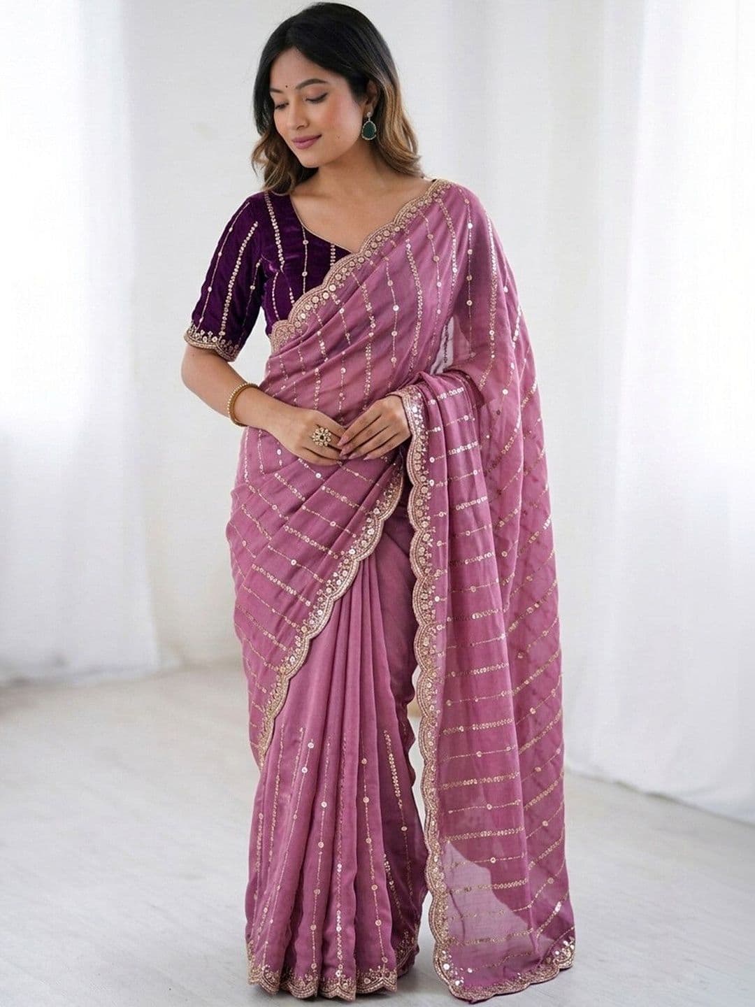 Satrani Embellished Sequinned Saree With Designer Blouse thumbnail 6