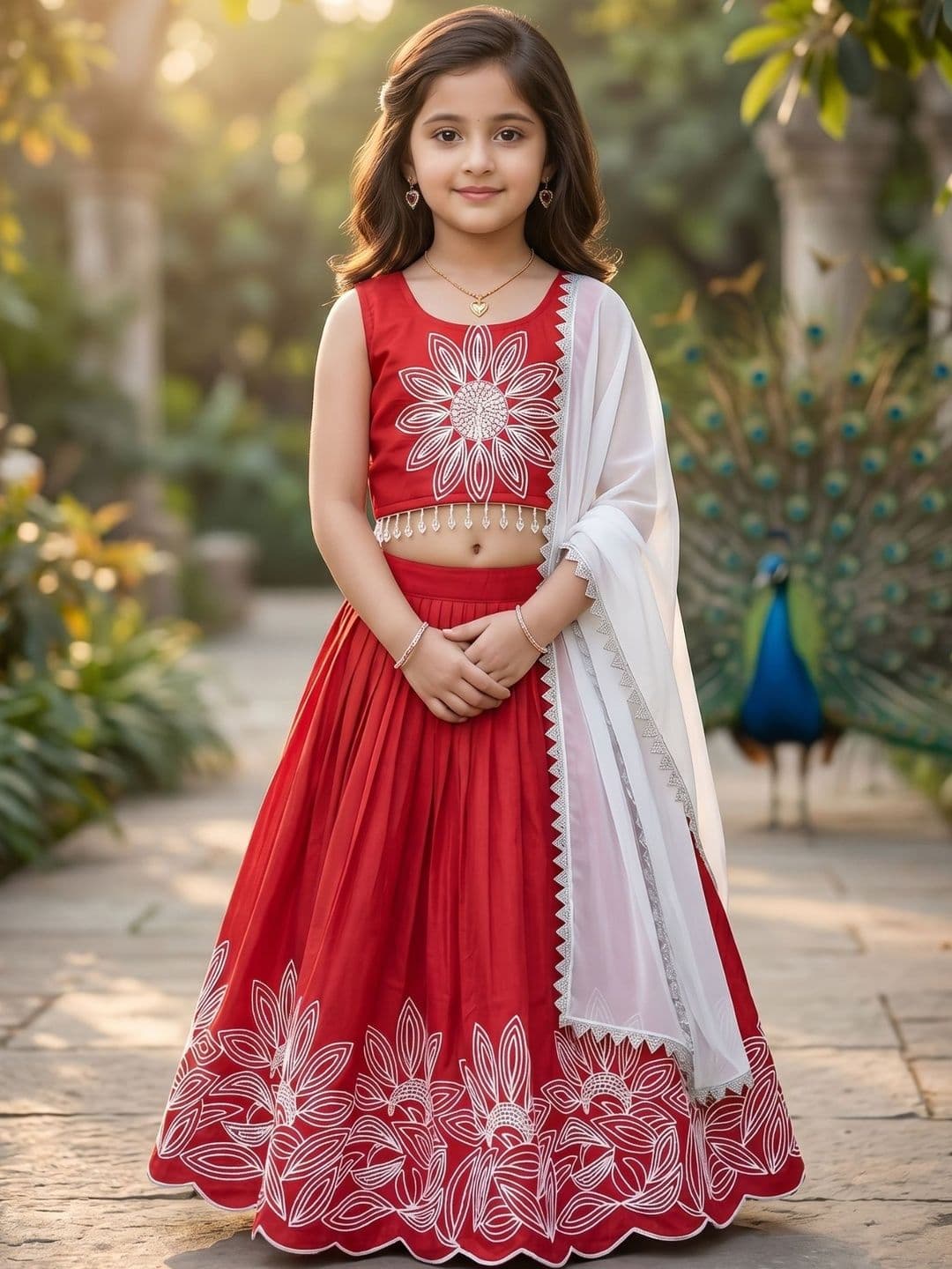 KALINI Girls Embroidered Thread Work Semi-Stitched Lehenga & Blouse With Dupatta - view 1