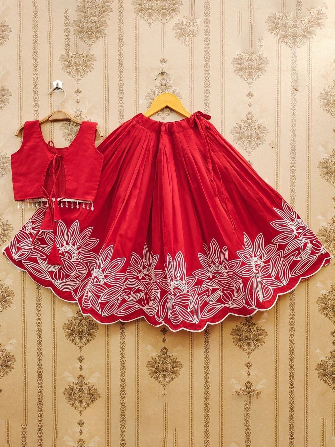 KALINI Girls Embroidered Thread Work Semi-Stitched Lehenga & Blouse With Dupatta thumbnail 3