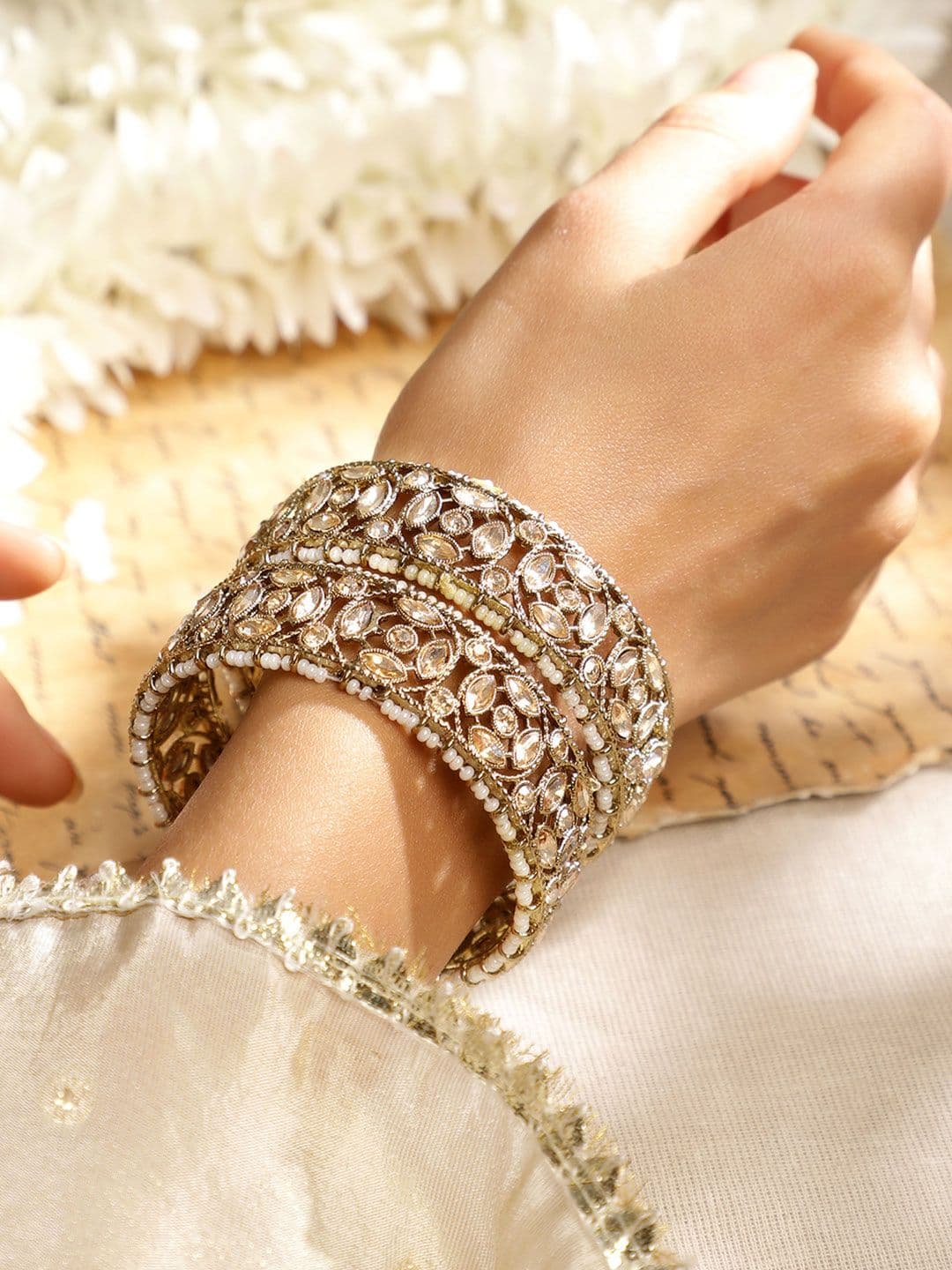 Rubans Set of 2 22K Gold Plated Kundan & CZ Studded & Pearl Beaded Handcrafted Bangles thumbnail 3