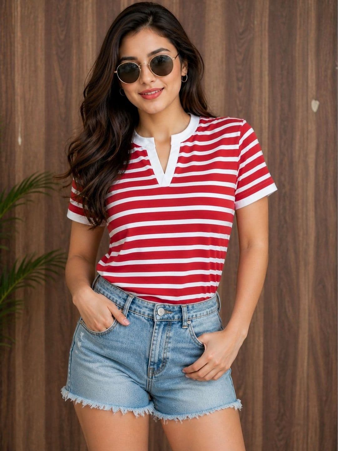 DressBerry Women Striped V-Neck Bio Finish T-shirt - view 1