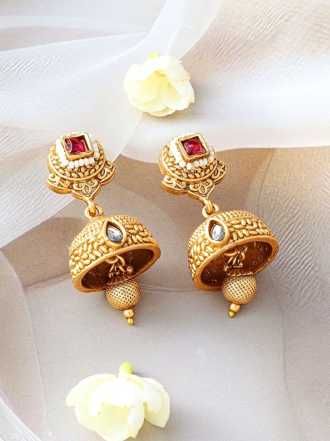 Rubans 24K Gold-Plated Ruby & Kundan Studded Floral Design Necklace Set with Jhumkas thumbnail 4