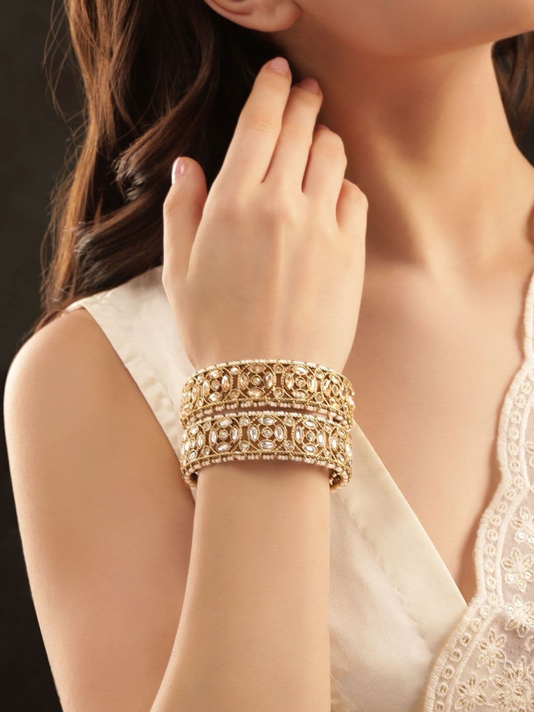 Rubans Set of 2 22K Gold Plated Kundan & CZ Studded & Pearl Beaded Handcrafted Bangles thumbnail 2