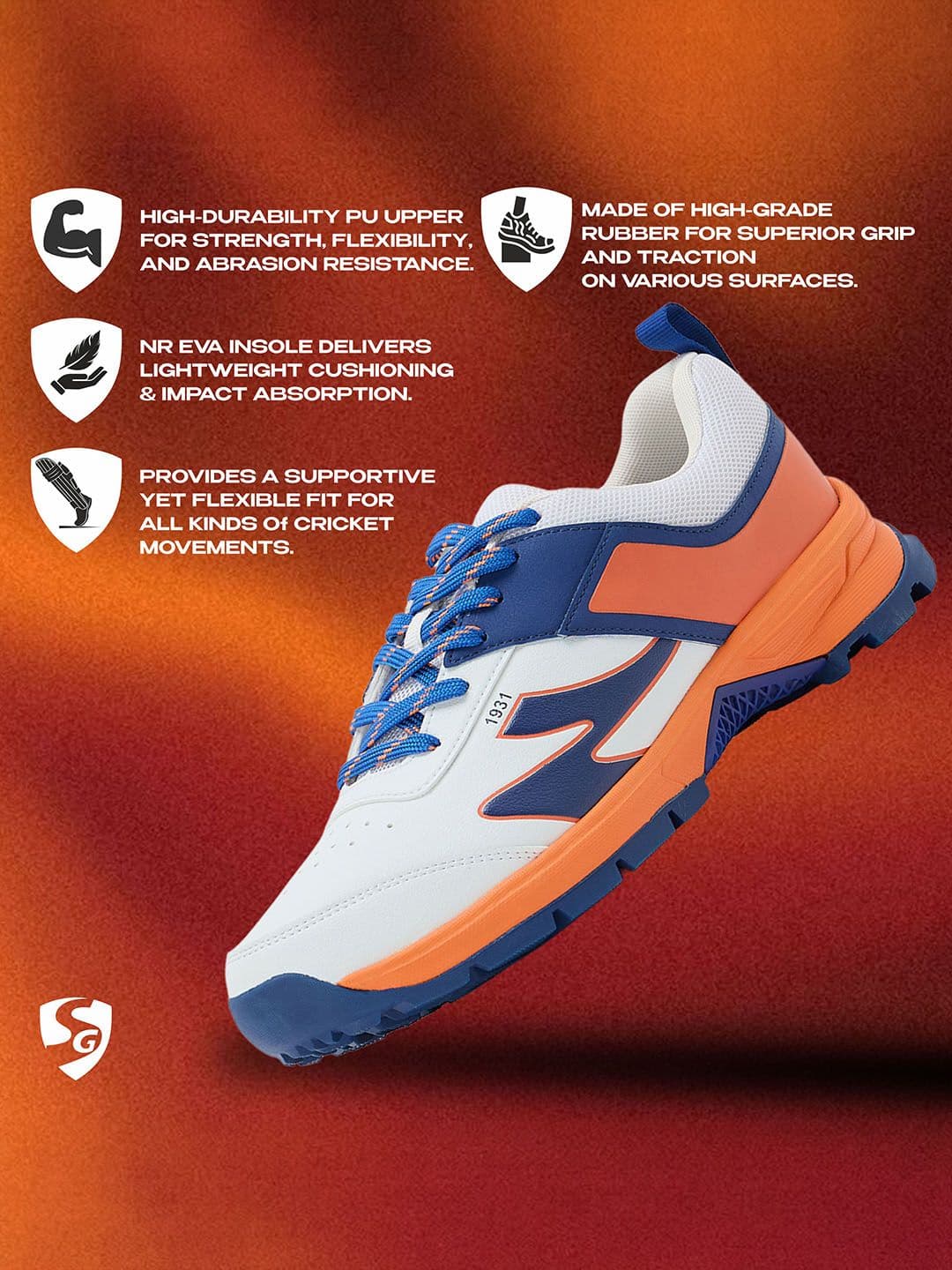 SG Impact Cricket Shoes White-Orange - Durable Breathable Performance Design thumbnail 6