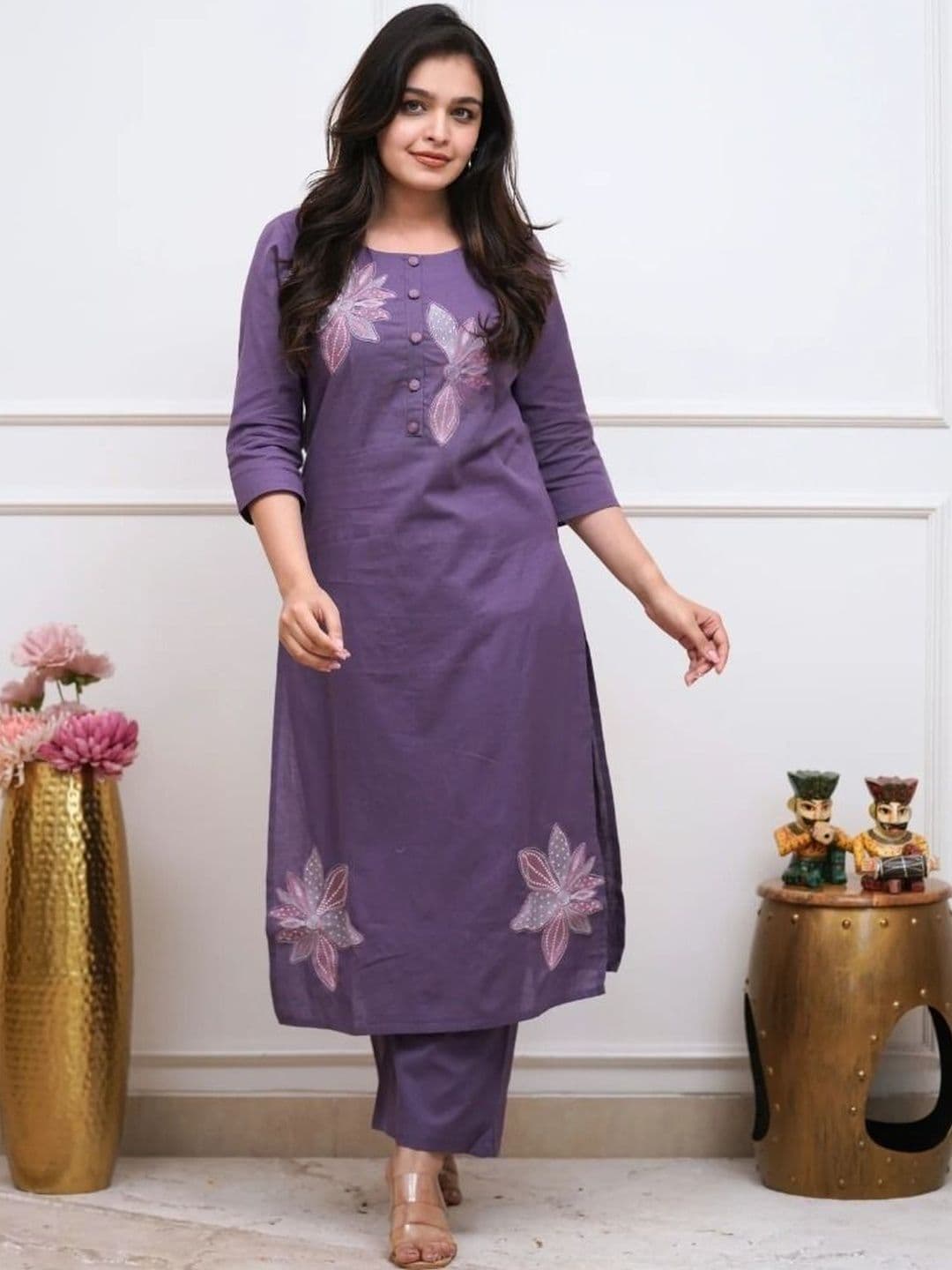 VIVANA Women Floral Embroidered Regular Thread Work Pure Cotton Kurta with Trousers - view 1