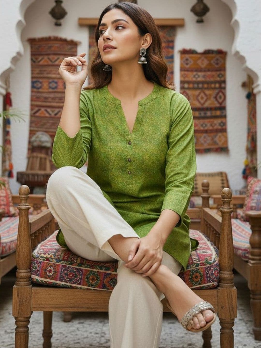 Anouk Printed V-Neck Pure Cotton Blend Kurti thumbnail 2