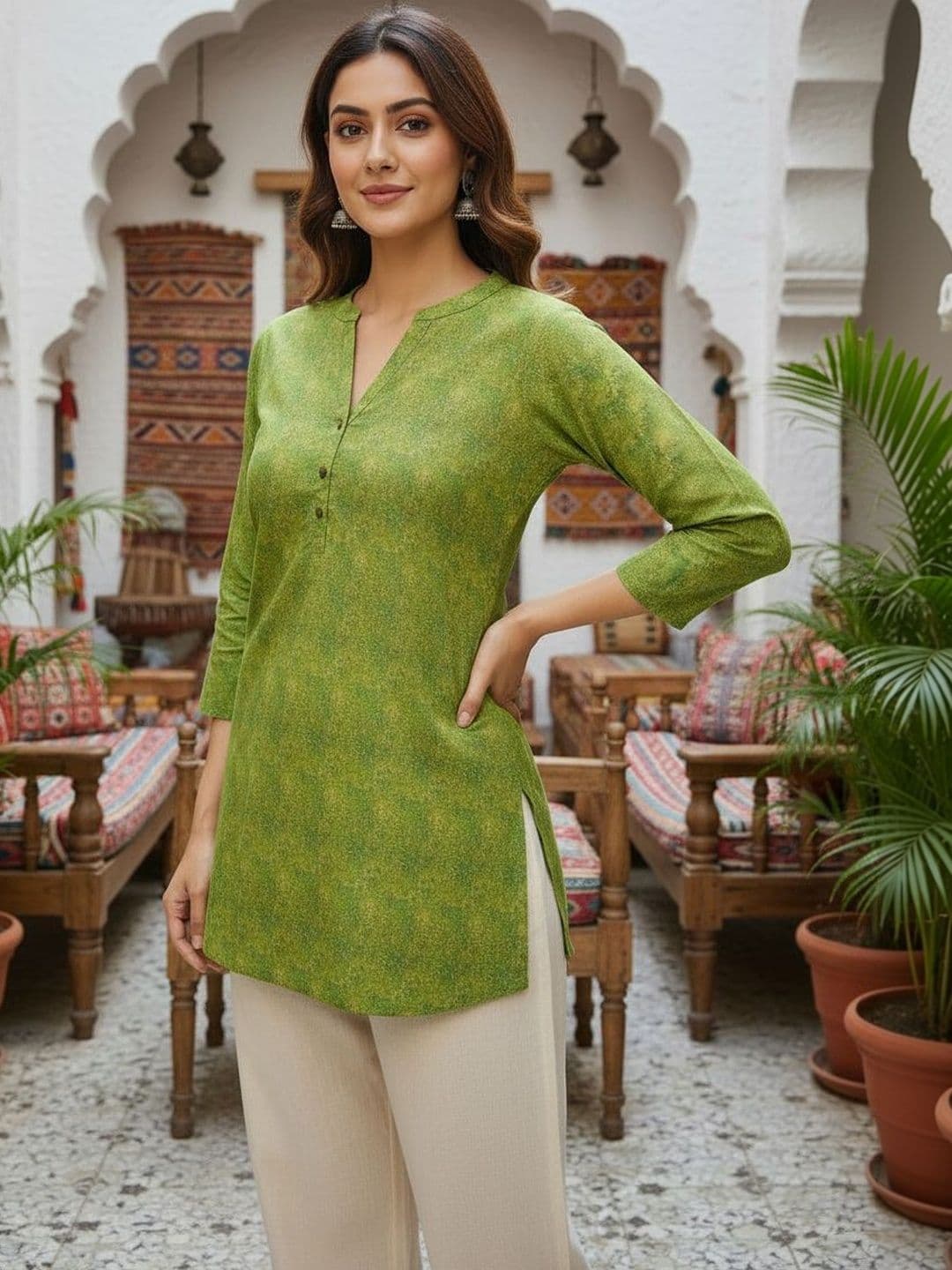 Anouk Printed V-Neck Pure Cotton Blend Kurti thumbnail 3