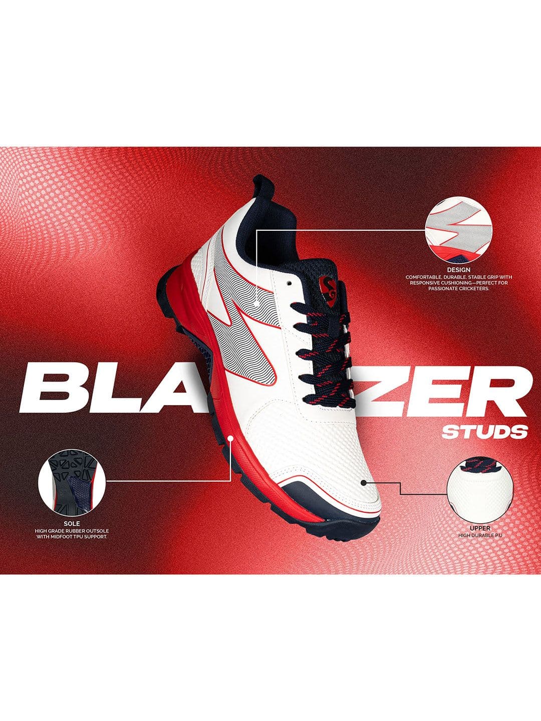 SG Blazer Cricket Shoes Red-Navy - High Performance Comfort & Stability thumbnail 6