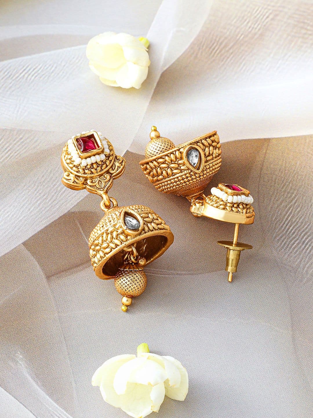 Rubans 24K Gold-Plated Ruby & Kundan Studded Floral Design Necklace Set with Jhumkas thumbnail 2