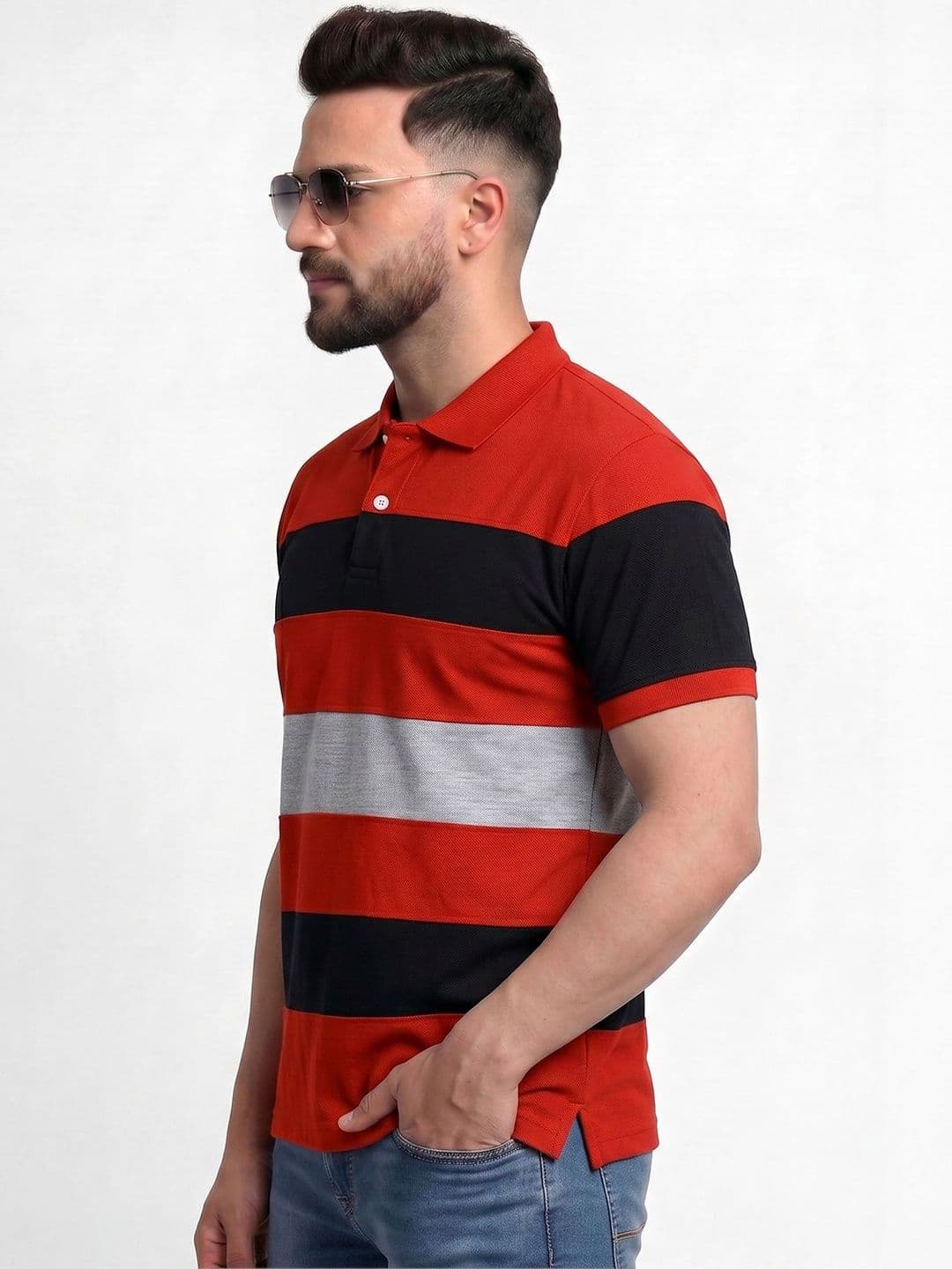 TB BLUE Men Striped Polo Collar Slim Fit T-shirt thumbnail 3