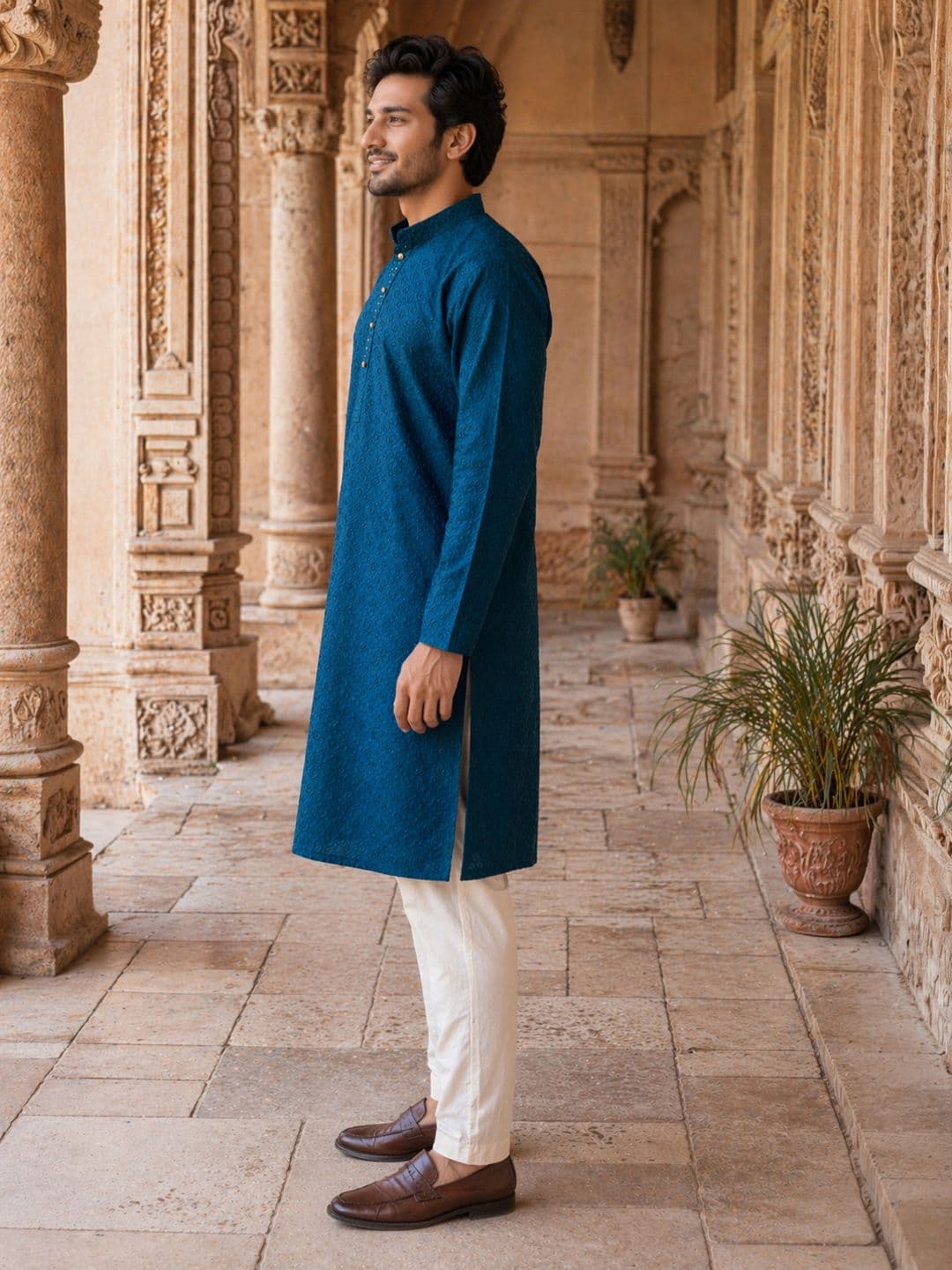 House of Pataudi Ethnic Motifs Embroidered Sequinned Detail Mandarin Collar Straight Kurta thumbnail 2