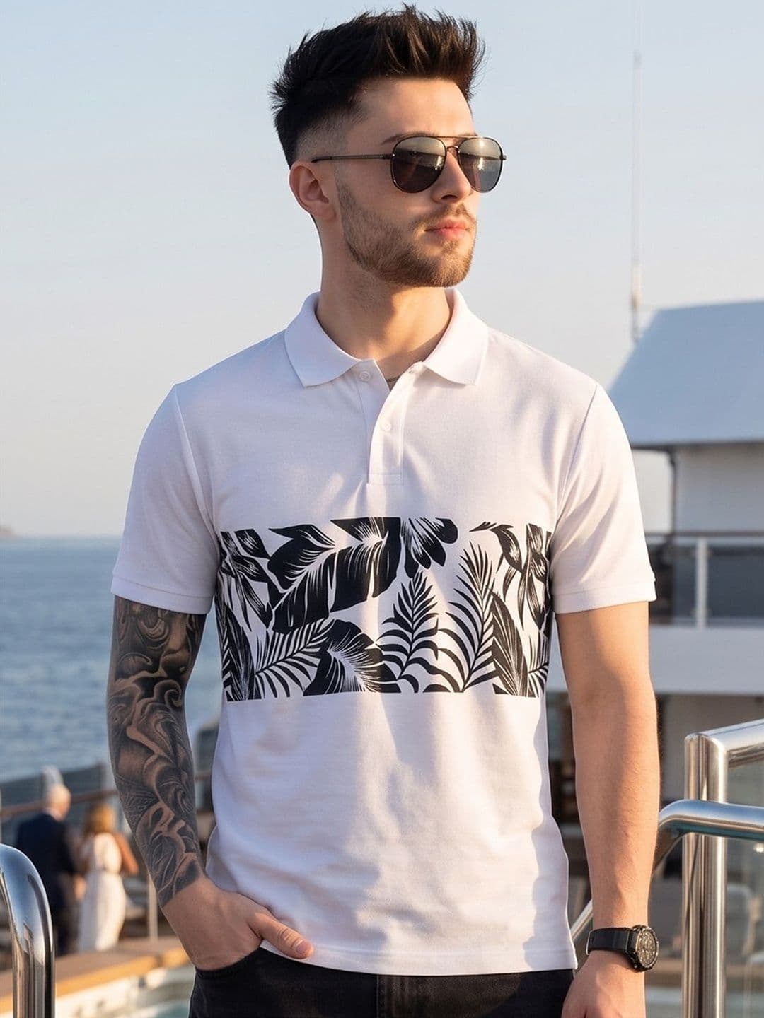 glitchez Men Floral Printed Polo Collar Tropical T-shirt thumbnail 4