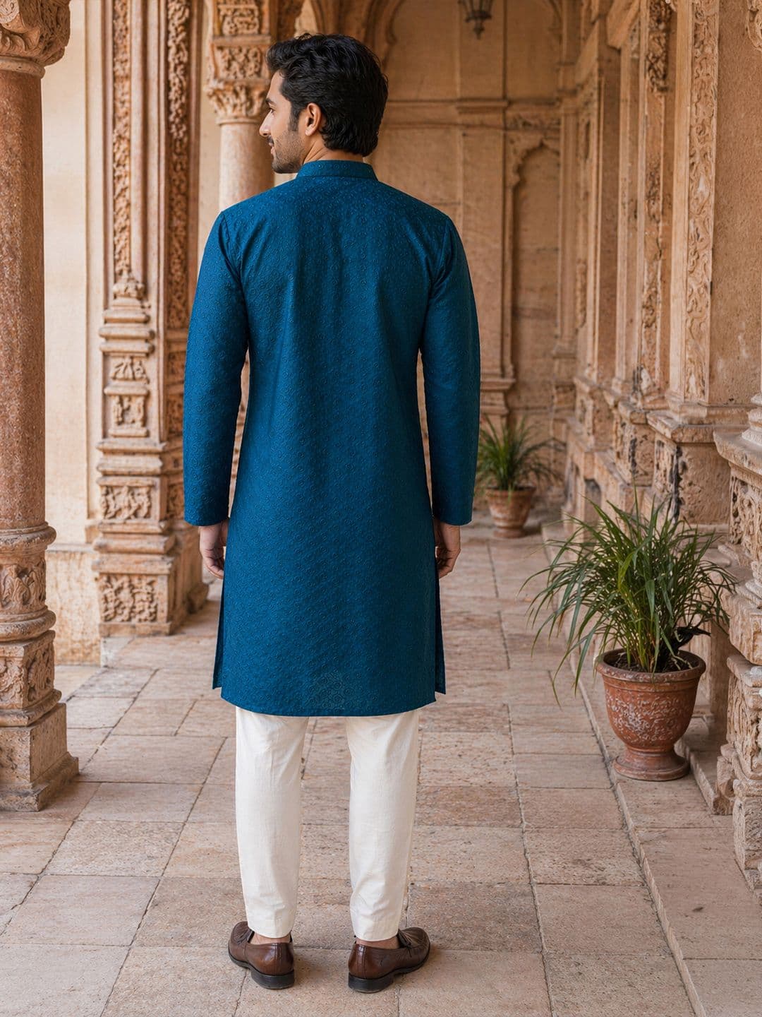 House of Pataudi Ethnic Motifs Embroidered Sequinned Detail Mandarin Collar Straight Kurta thumbnail 6