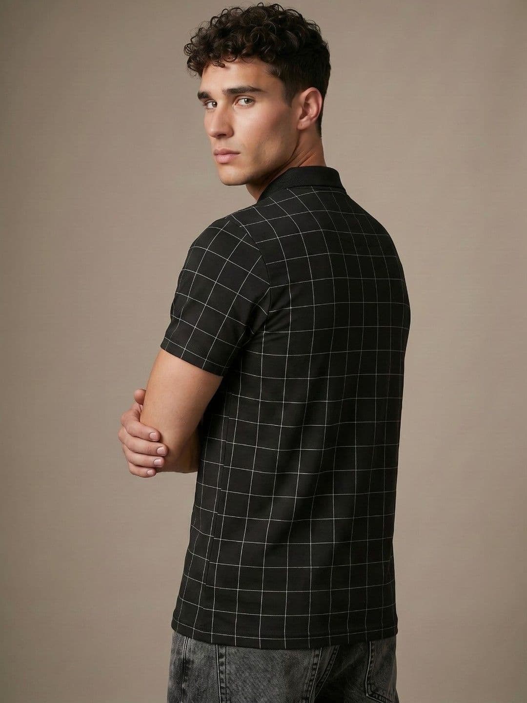 glitchez Men Black Checked Polo Collar T-shirt thumbnail 2