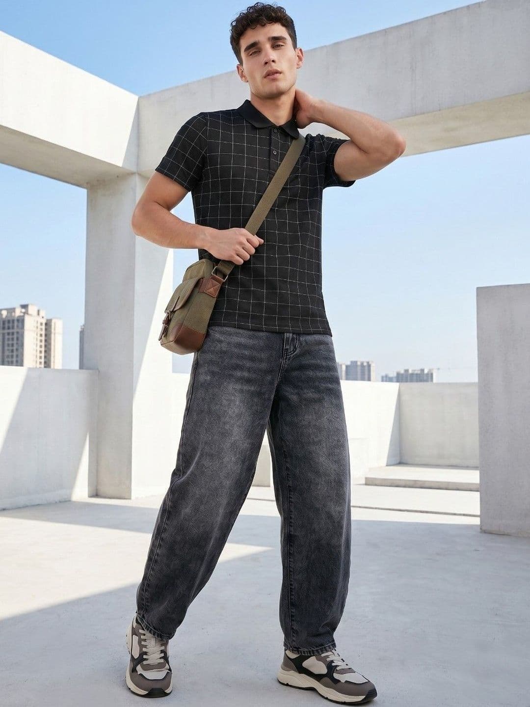 glitchez Men Black Checked Polo Collar T-shirt - view 1