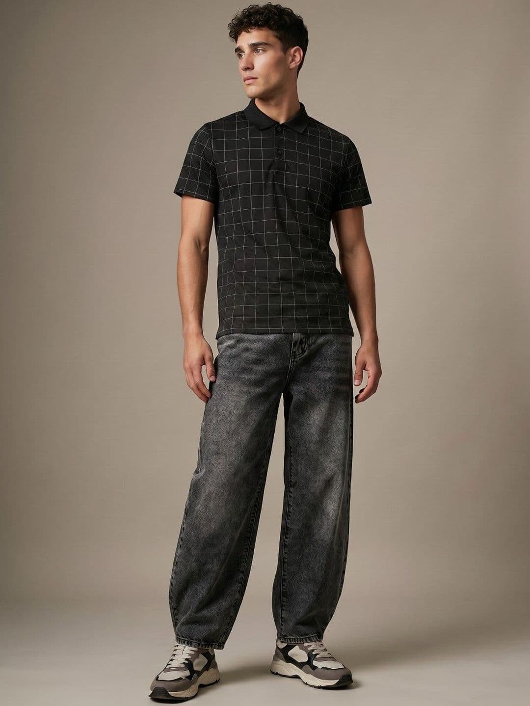 glitchez Men Black Checked Polo Collar T-shirt thumbnail 5