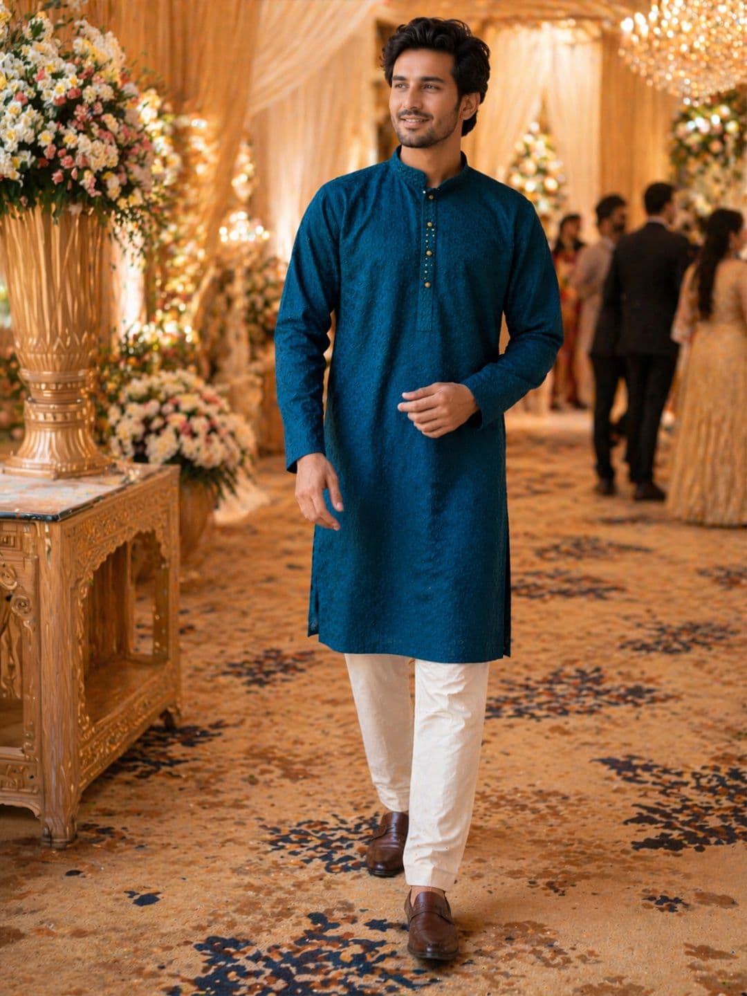 House of Pataudi Ethnic Motifs Embroidered Sequinned Detail Mandarin Collar Straight Kurta thumbnail 3
