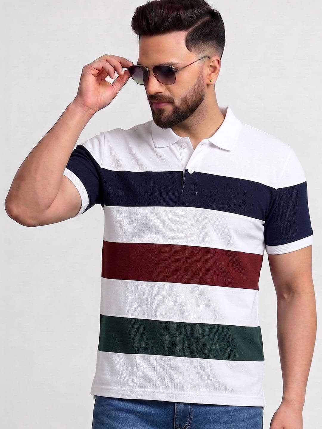 TB BLUE Men Striped Polo Collar Slim Fit T-shirt - view 1