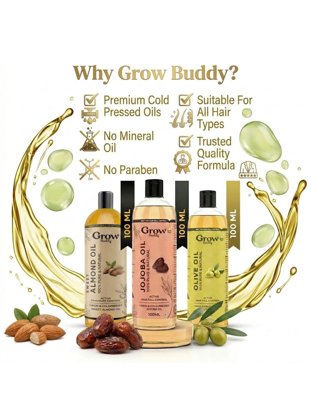 Growbuddy Set Of 3 Almond Jojoba & Olive Hair Oils - 100 ml Each thumbnail 4