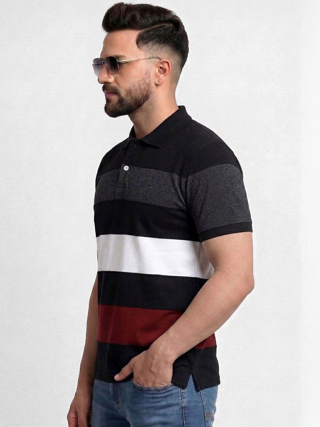 TB BLUE Men Striped Polo Collar Slim Fit T-shirt thumbnail 3