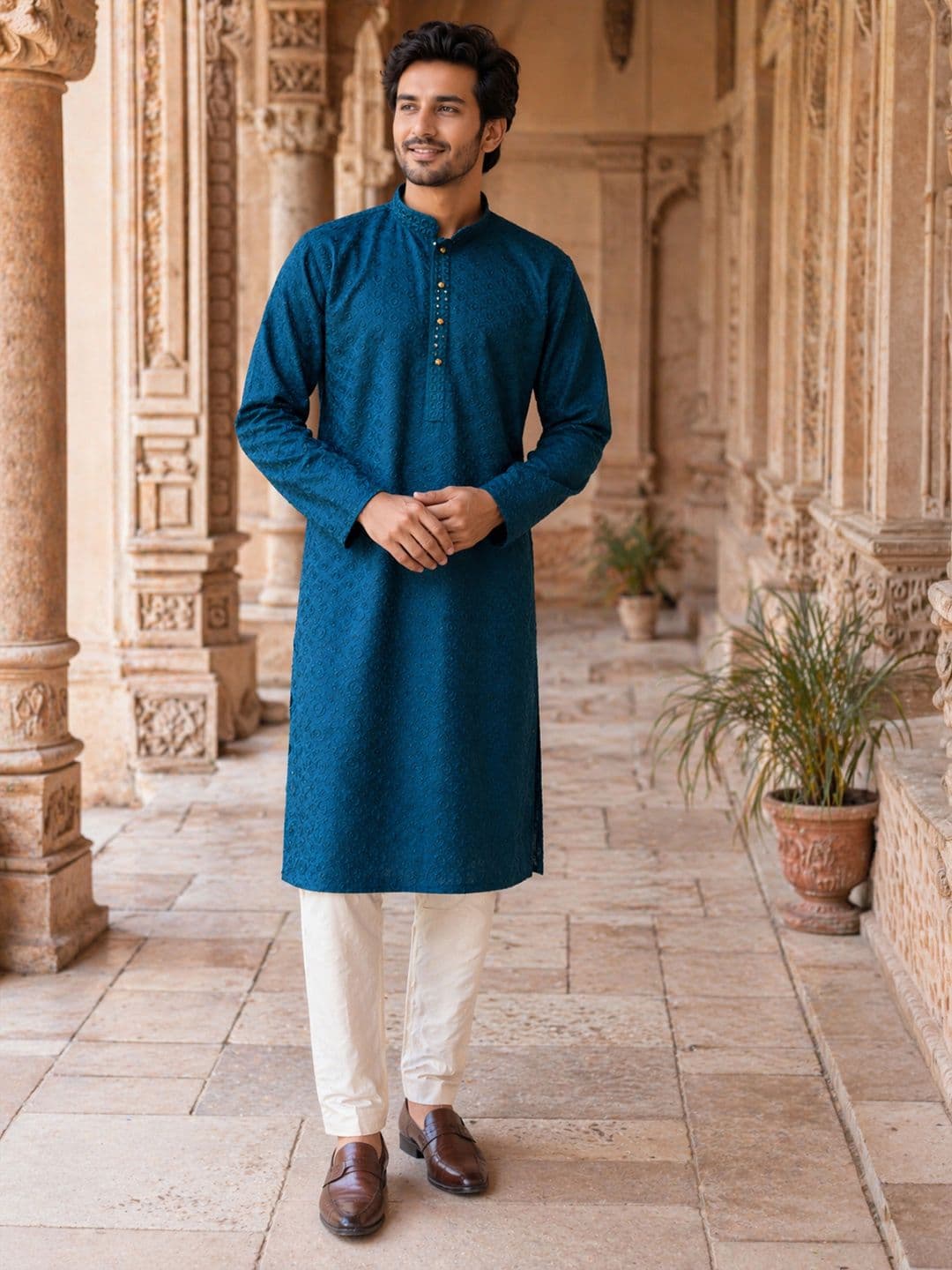 House of Pataudi Ethnic Motifs Embroidered Sequinned Detail Mandarin Collar Straight Kurta thumbnail 5