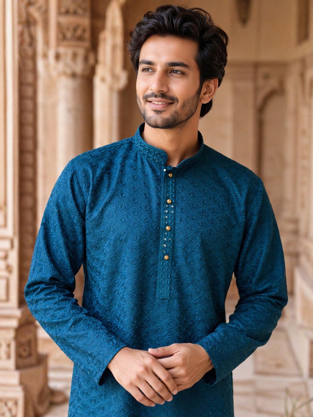 House of Pataudi Ethnic Motifs Embroidered Sequinned Detail Mandarin Collar Straight Kurta thumbnail 7