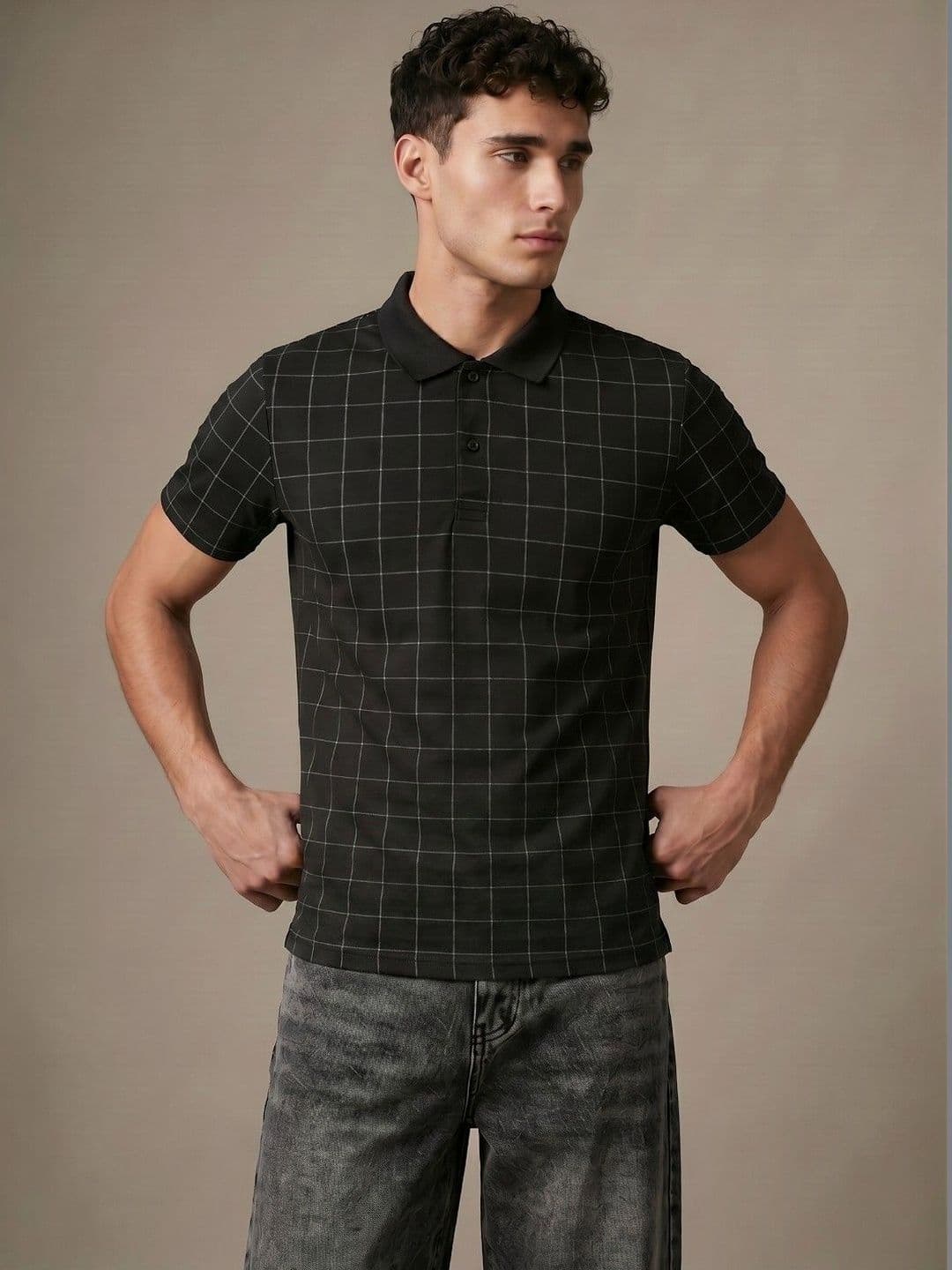 glitchez Men Black Checked Polo Collar T-shirt thumbnail 4