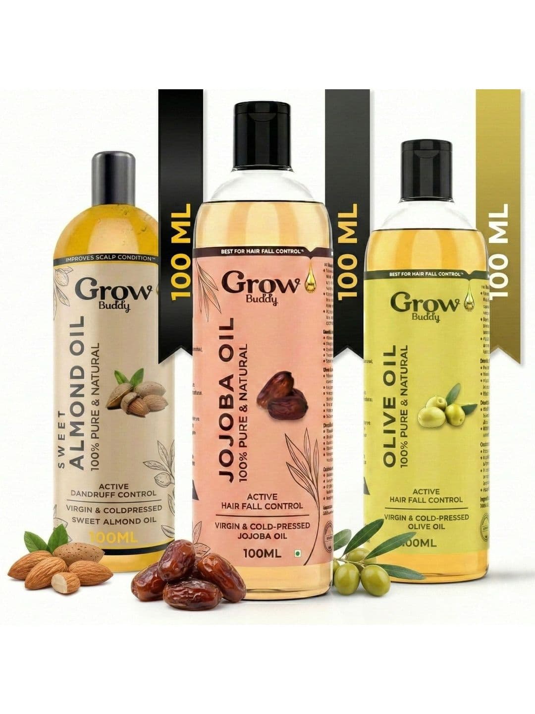 Growbuddy Set Of 3 Almond Jojoba & Olive Hair Oils - 100 ml Each - view 1
