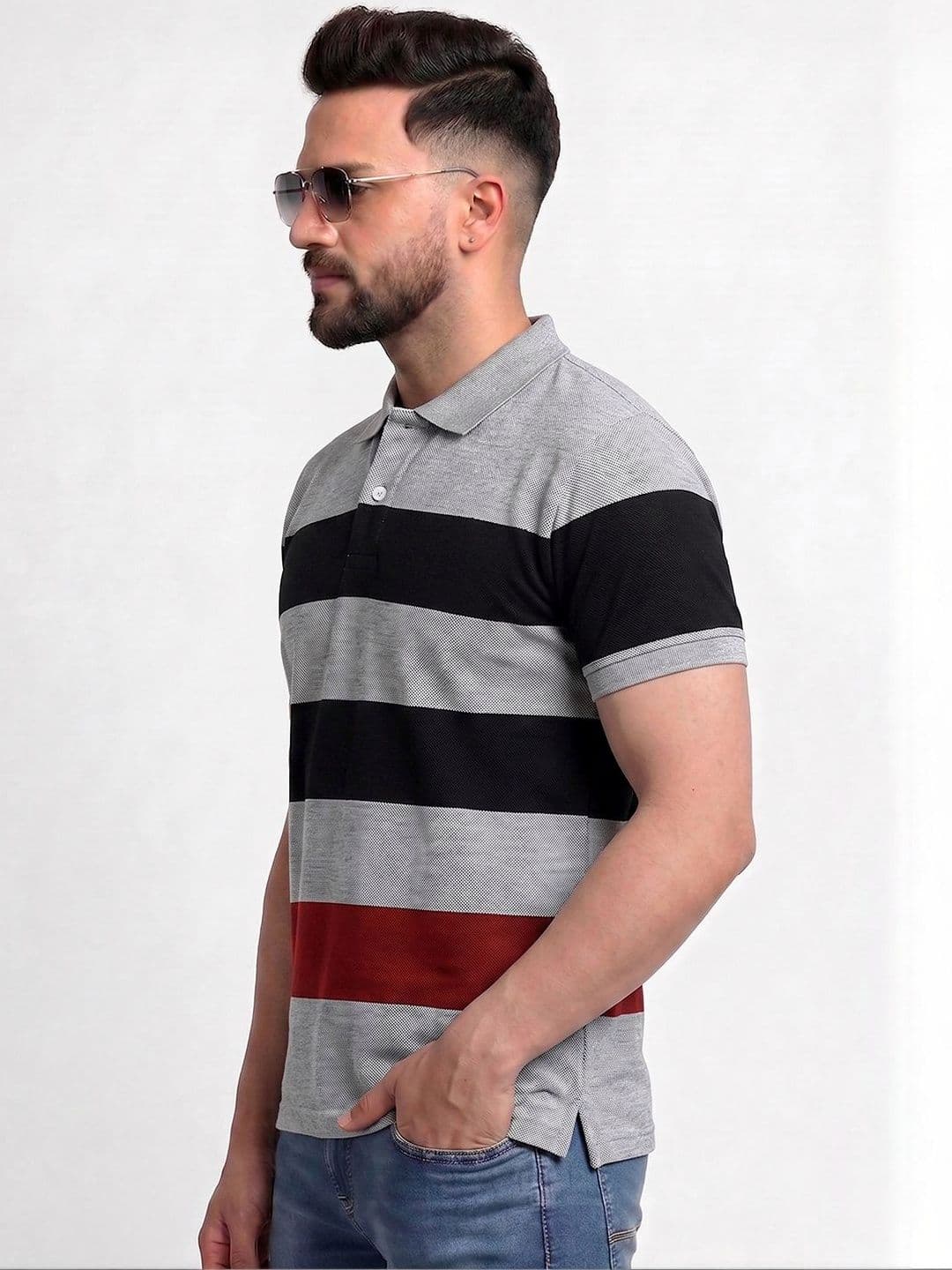 TB BLUE Men Striped Polo Collar Slim Fit T-shirt thumbnail 2