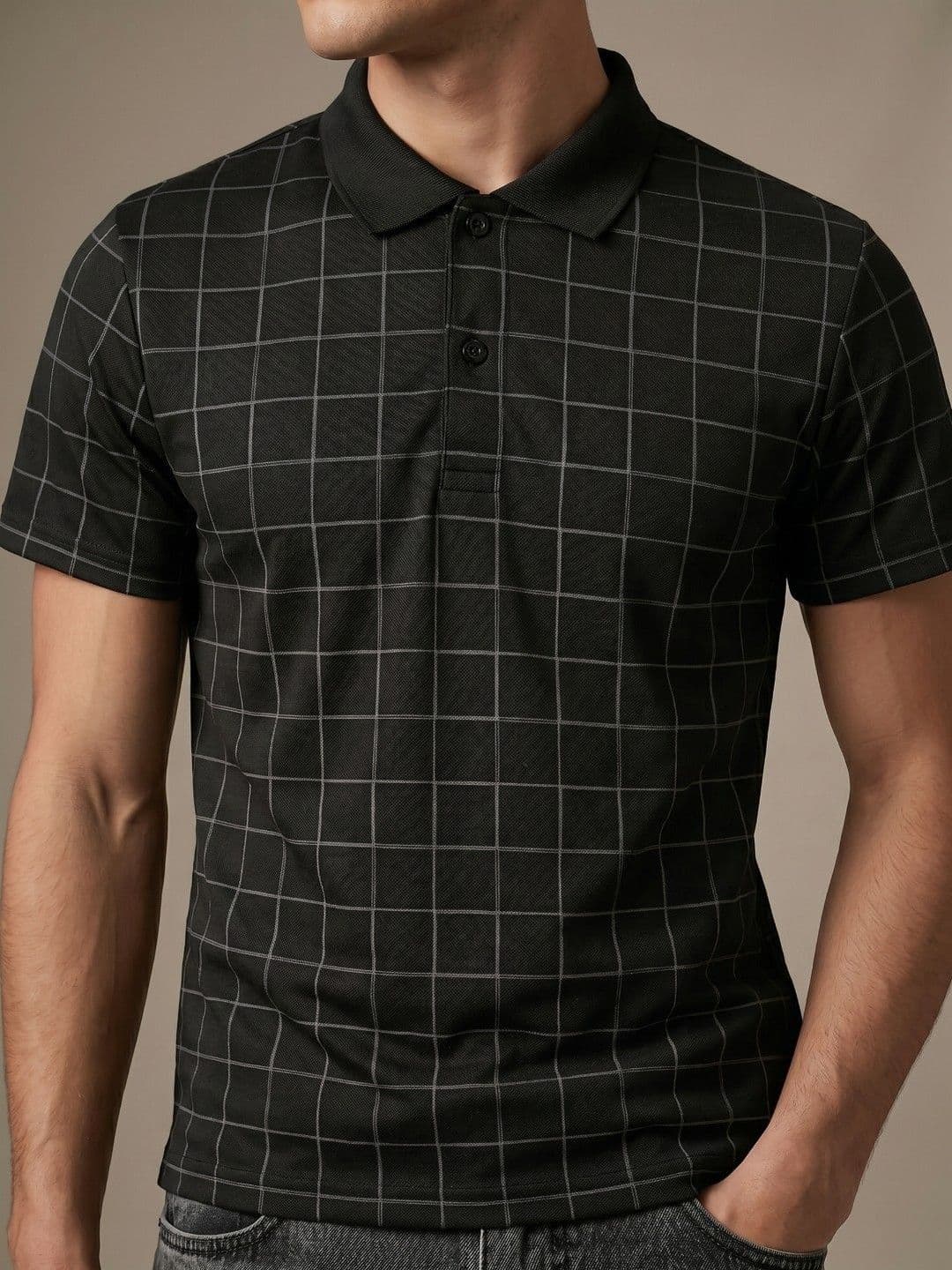glitchez Men Black Checked Polo Collar T-shirt thumbnail 3