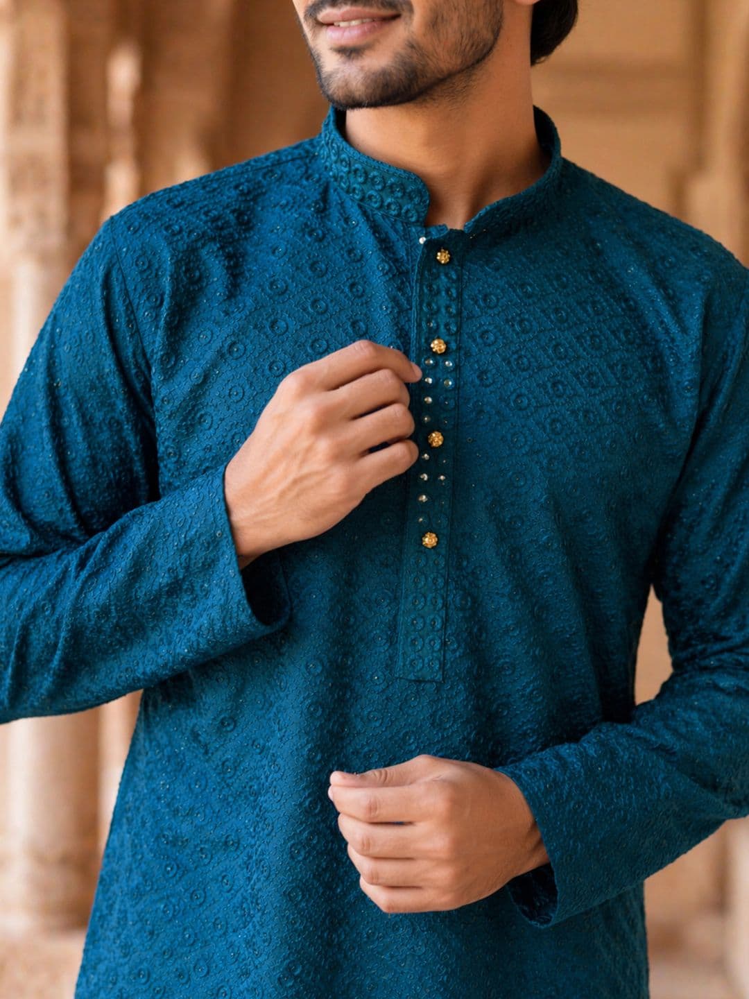 House of Pataudi Ethnic Motifs Embroidered Sequinned Detail Mandarin Collar Straight Kurta thumbnail 4