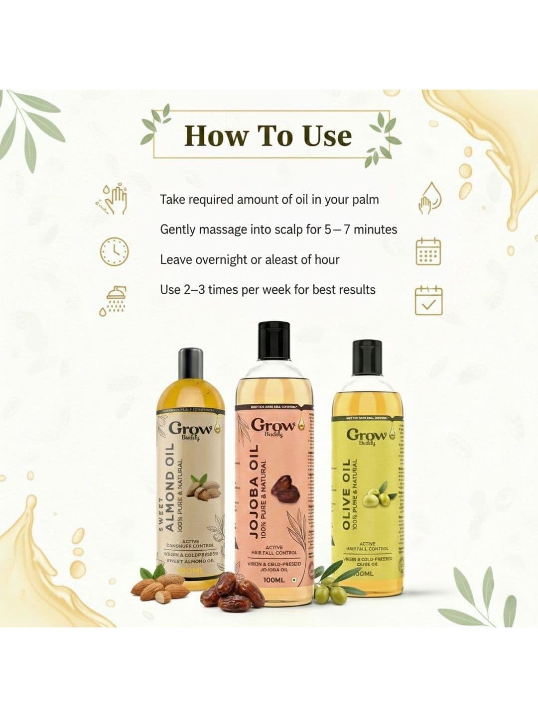 Growbuddy Set Of 3 Almond Jojoba & Olive Hair Oils - 100 ml Each thumbnail 3