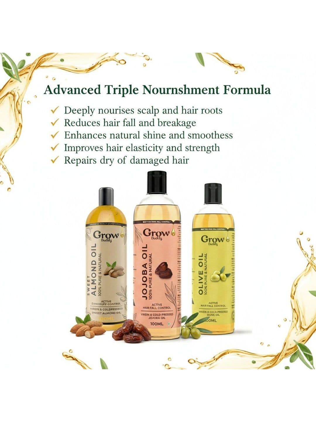 Growbuddy Set Of 3 Almond Jojoba & Olive Hair Oils - 100 ml Each thumbnail 2