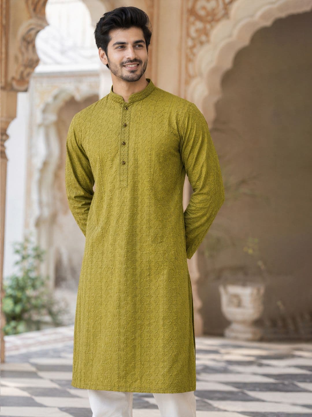 House of Pataudi Woven Design Mandarin Collar Chikankari Straight Kurta thumbnail 6