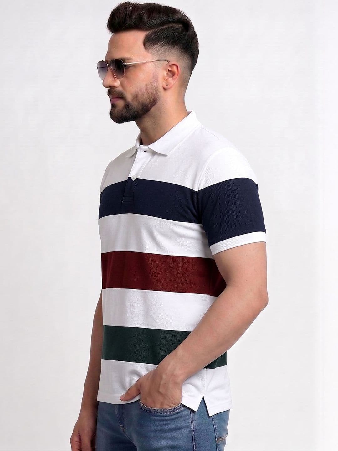 TB BLUE Men Striped Polo Collar Slim Fit T-shirt thumbnail 3