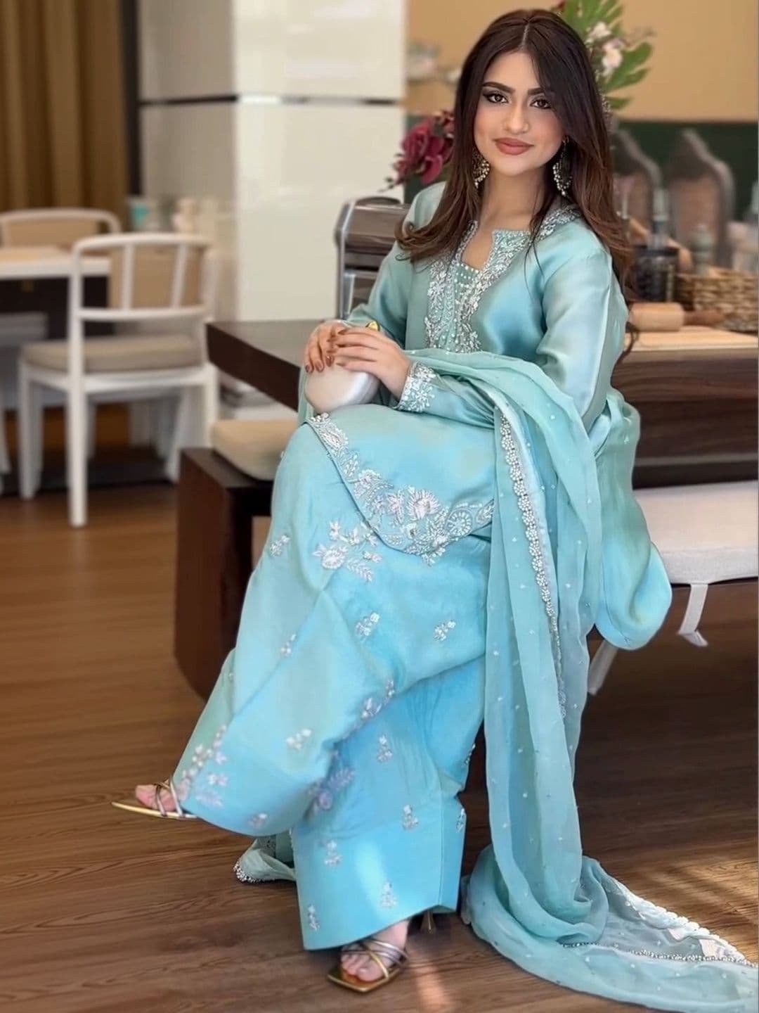HERINK FASHION Women Ethnic Motifs Embroidered Regular Thread Work Raw Silk Kurta with Palazzos & With thumbnail 5