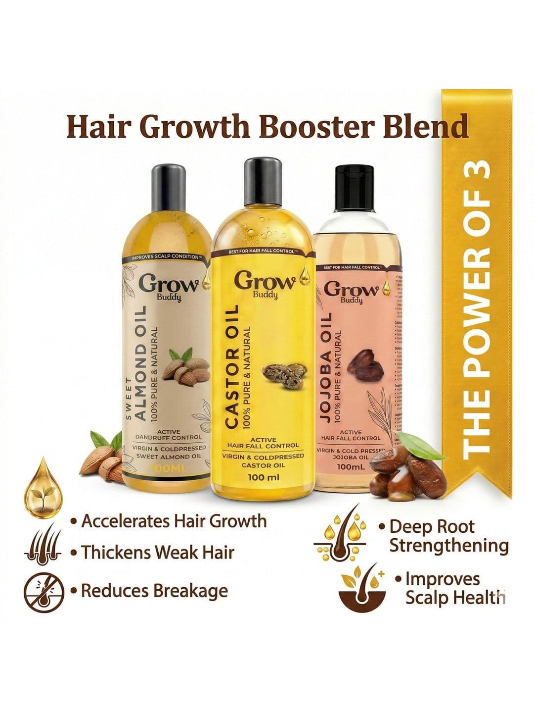 Growbuddy Set Of 3 Almond Castor & Jojoba Hair Oils - 100 ml Each thumbnail 3