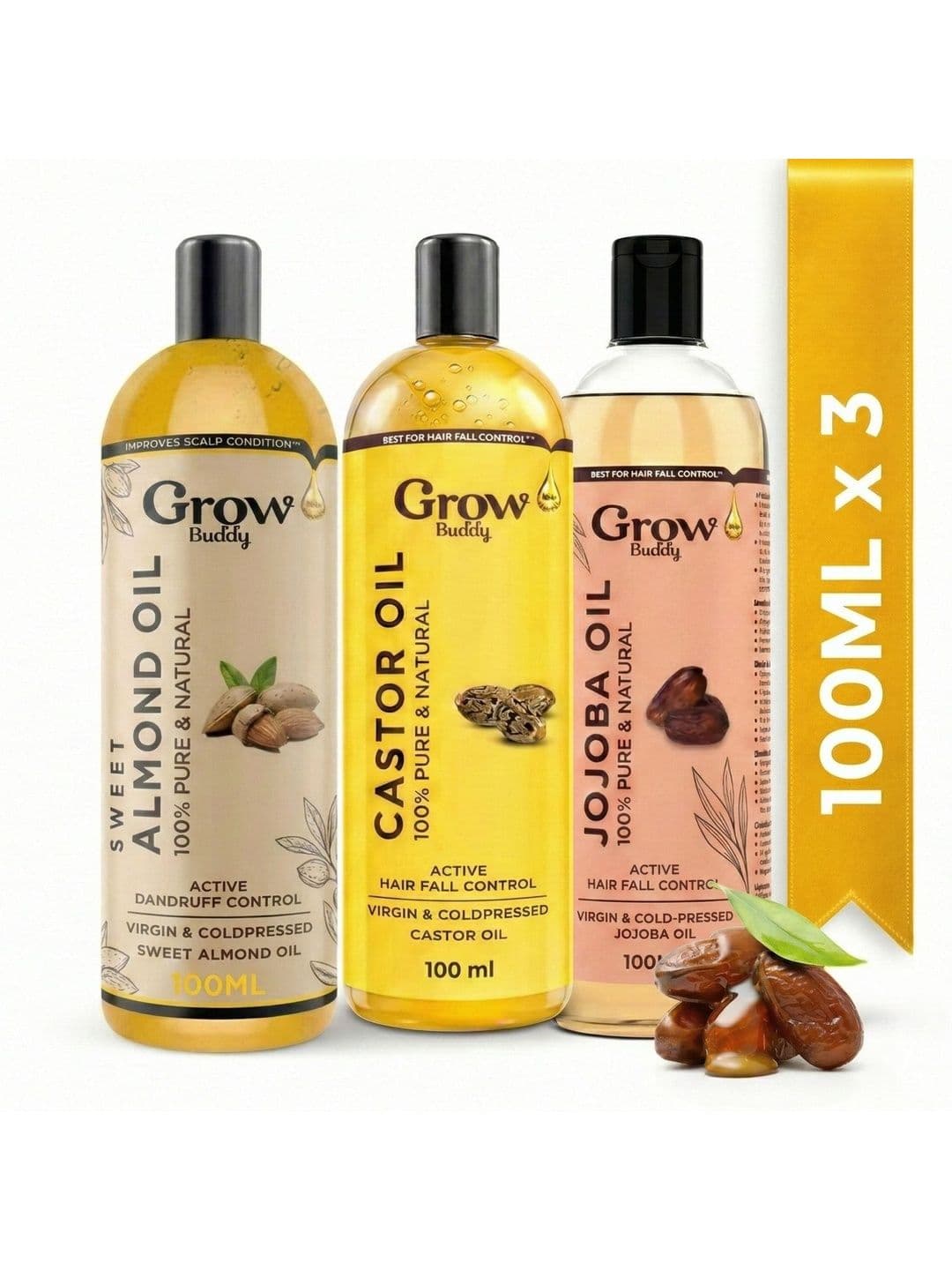 Growbuddy Set Of 3 Almond Castor & Jojoba Hair Oils - 100 ml Each - view 1