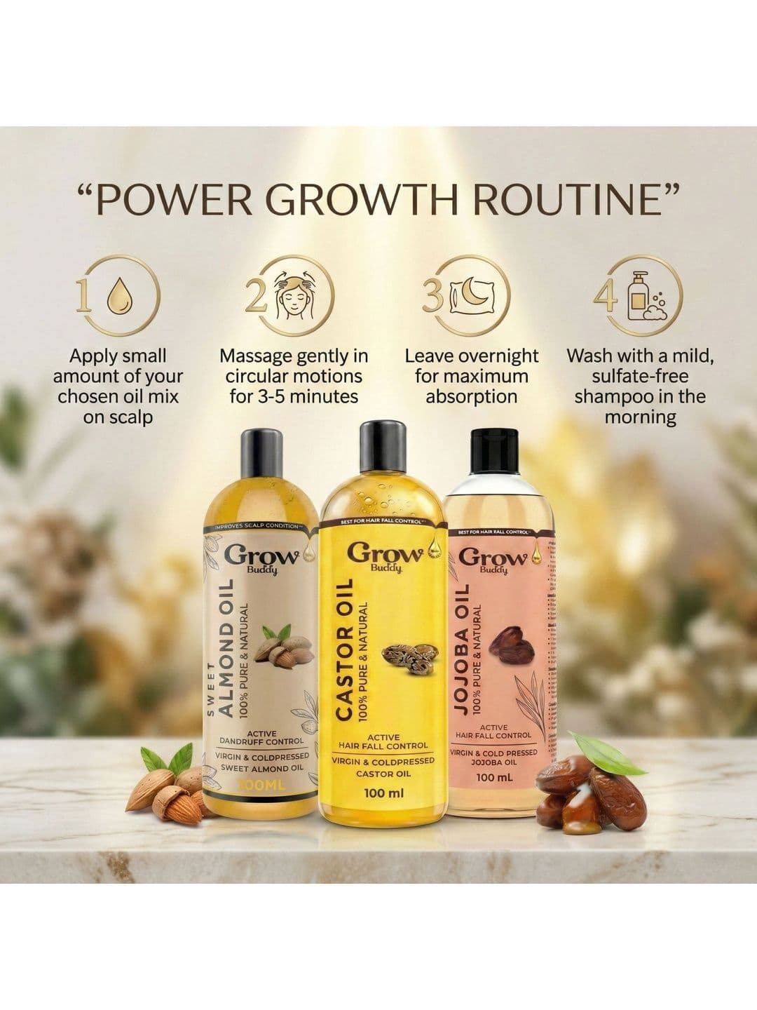 Growbuddy Set Of 3 Almond Castor & Jojoba Hair Oils - 100 ml Each thumbnail 4