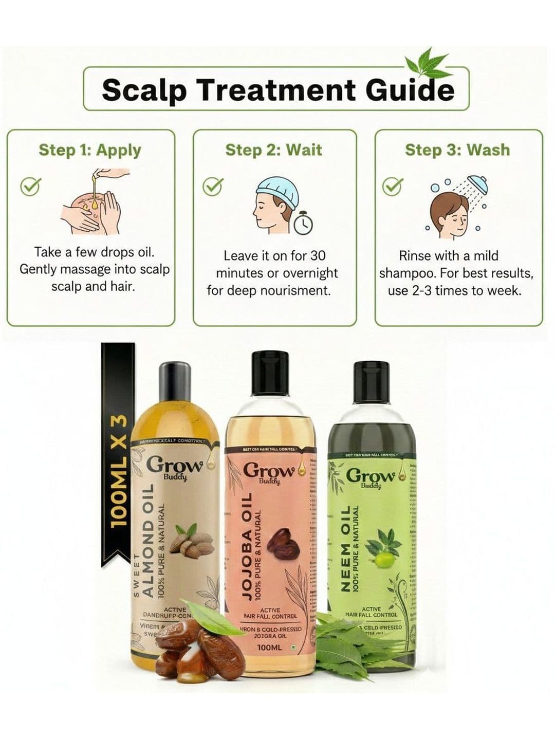 Growbuddy Set Of 3 Pure & Natural Jojoba Neem & Almond Hair Oils - 100ml Each thumbnail 4